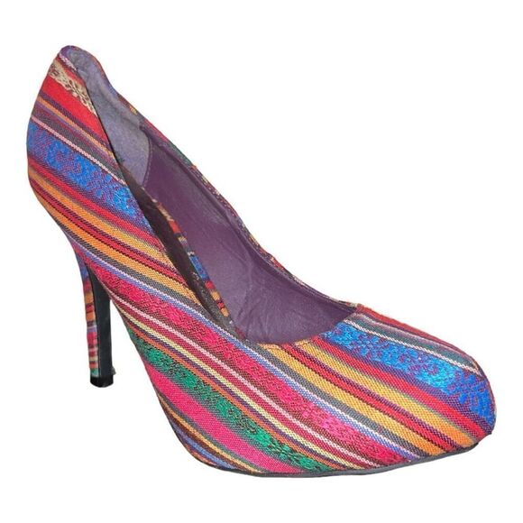 Torta Caliente “Mesa” funky rainbow stripe print cloth stiletto heels sz 11 - Picture 1 of 6
